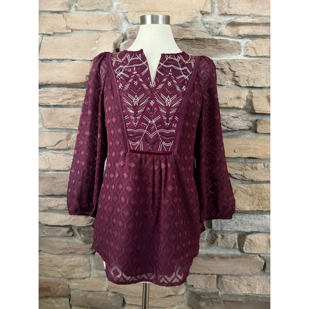 One September Burgundy Embroidered Sequin Yoke Clip Dot Tunic Top A510278 Small